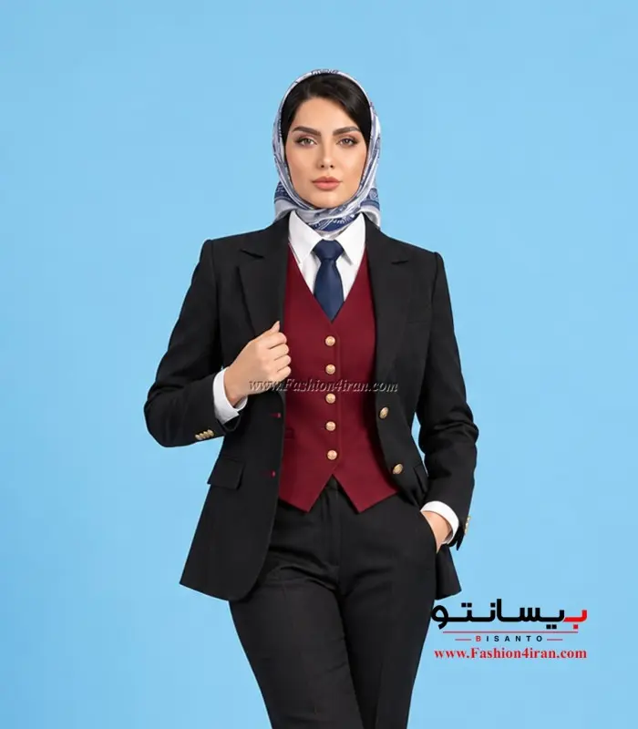 کت شلوار و جلیقه زنانه فاستونی ترک مشکی با جلیقه زرشکی کد 120