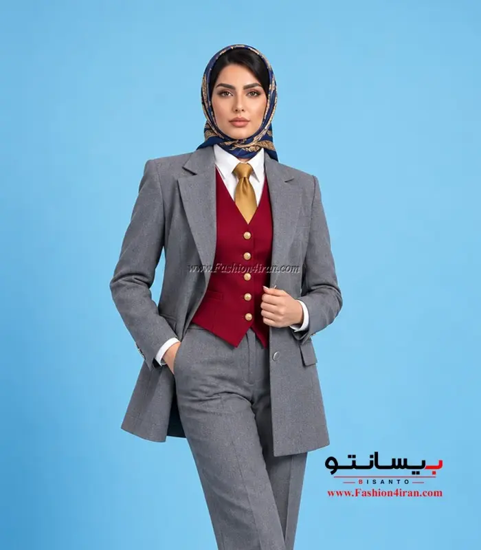 کت شلوار و جلیقه زنانه فاستونی ترک طوسی با جلیقه زرشکی کد 120