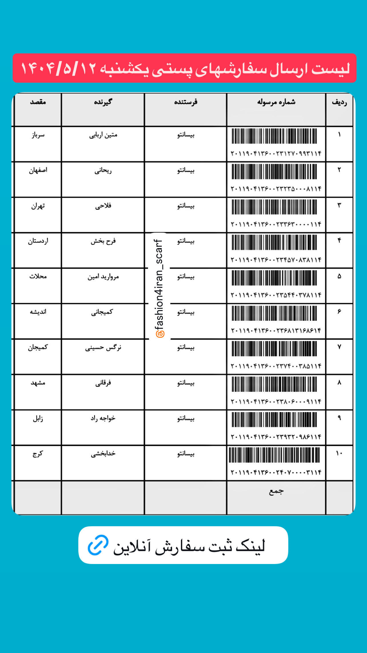 لیست ارسال سفارشهای پستی 1404.5.12