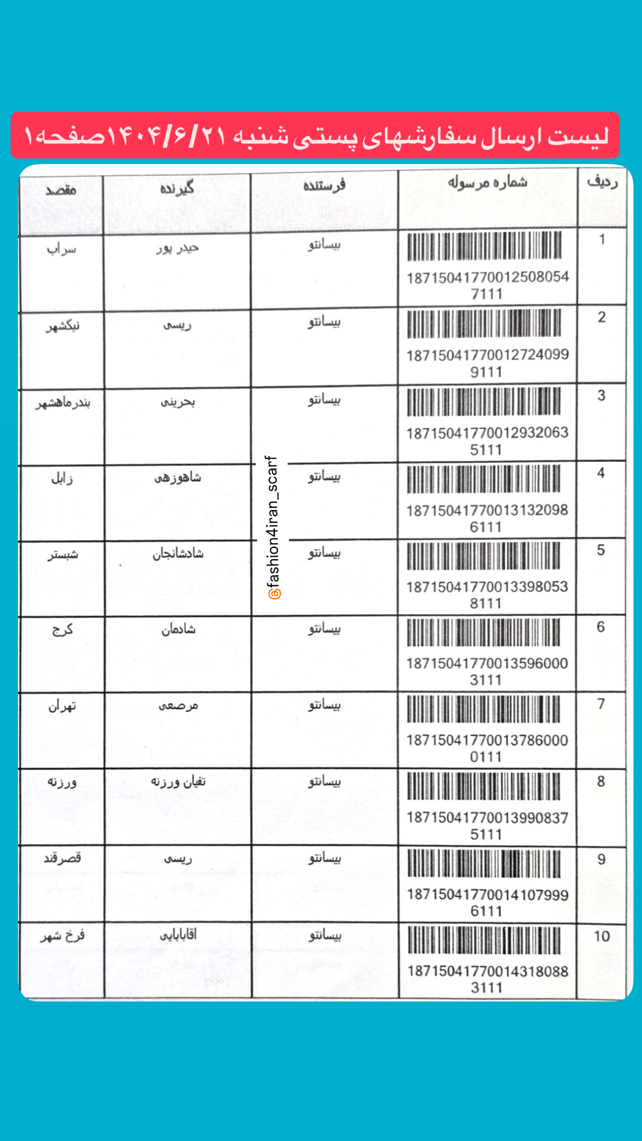 لیست ارسال پستی