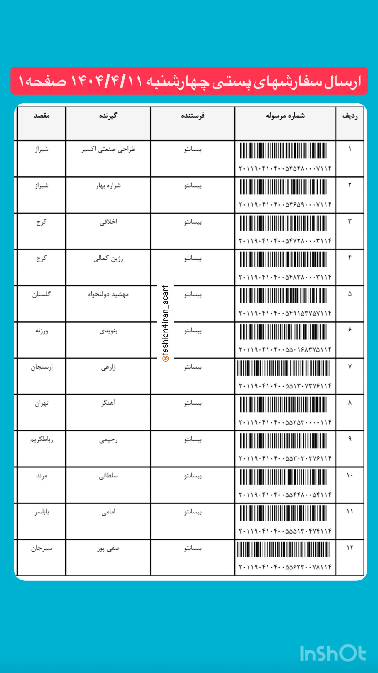 لیست ارسال پستی 1404.4.11 صفحه 1