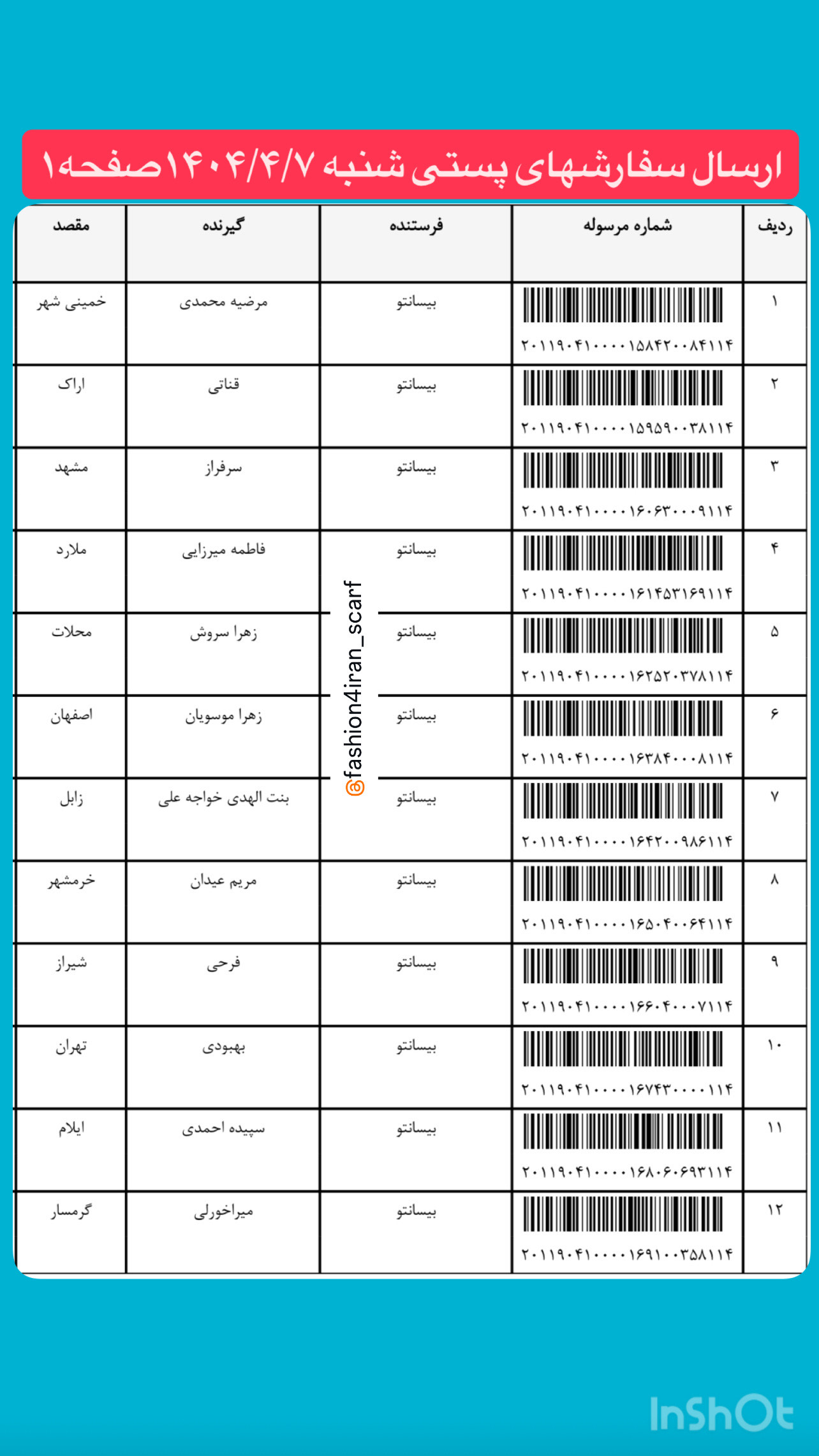 لیست ارسال پستی 1404.7.1 صفحه 1